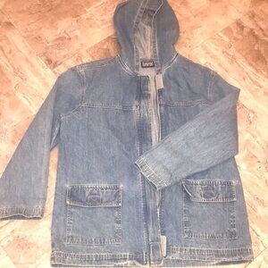 VTG BLASSPORT DENIM HOODED OVERSIZED ZIPPERED UTILITY CHORE JACKET SIZE LARGE